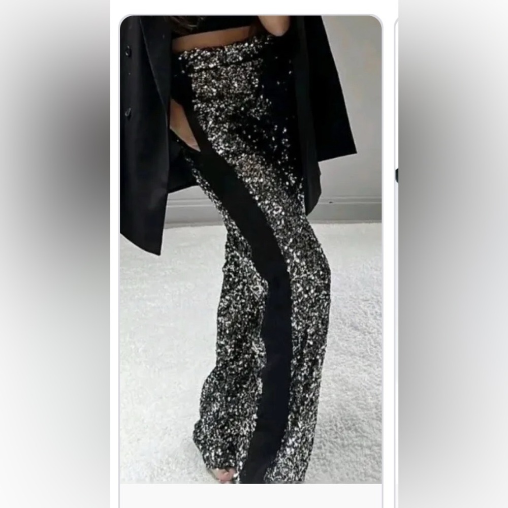 Women’s Zara Black and Silver Sequin Tuxedo Trousers - medium